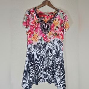 Oneworld Womens Blouse Size Large Pink Floral Black White Zebra Shark Bite Top